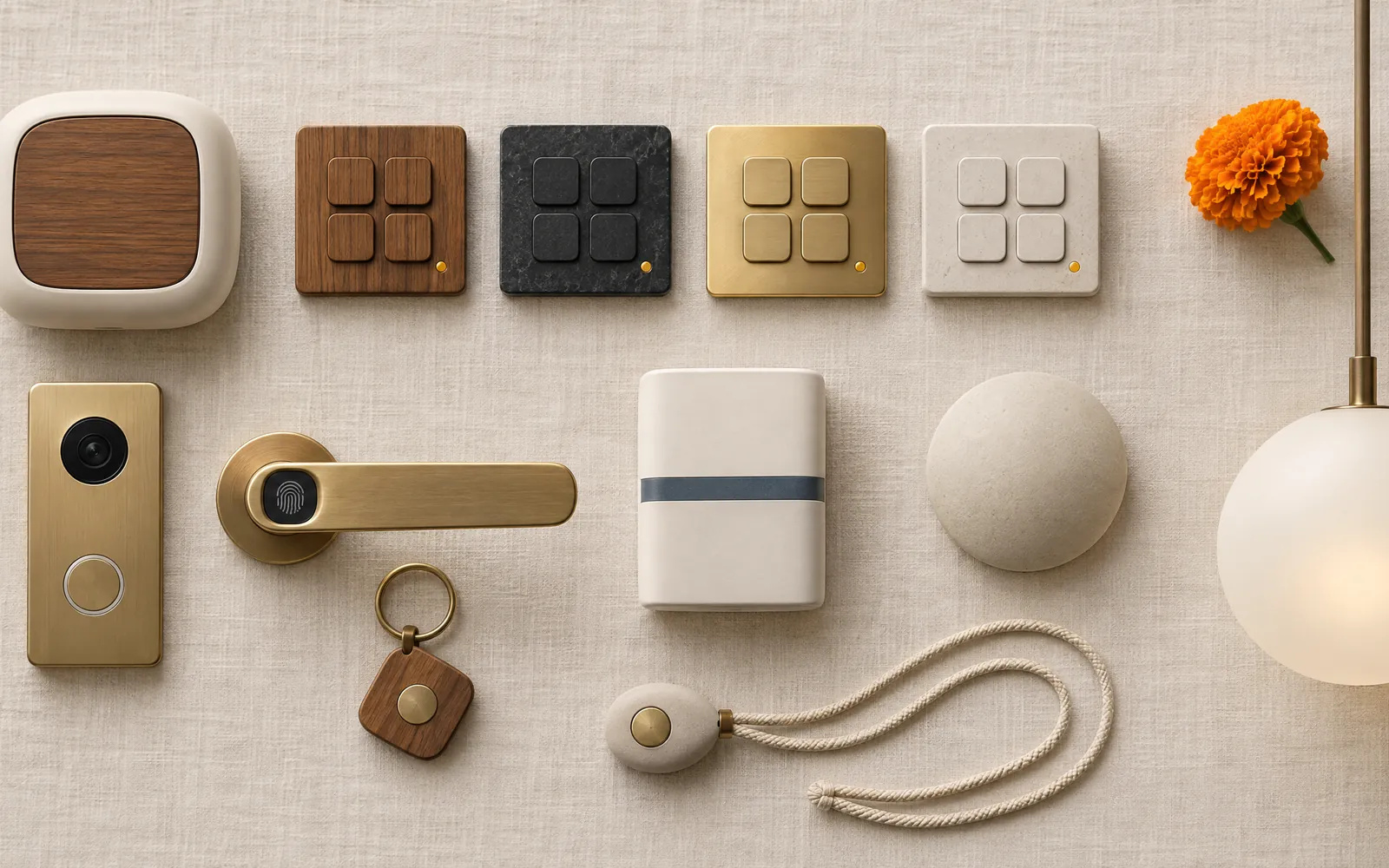 The Nervv range laid out on linen: controller, four wall panels, gate keypad, door handle, water unit, air disc, care button and a pendant.