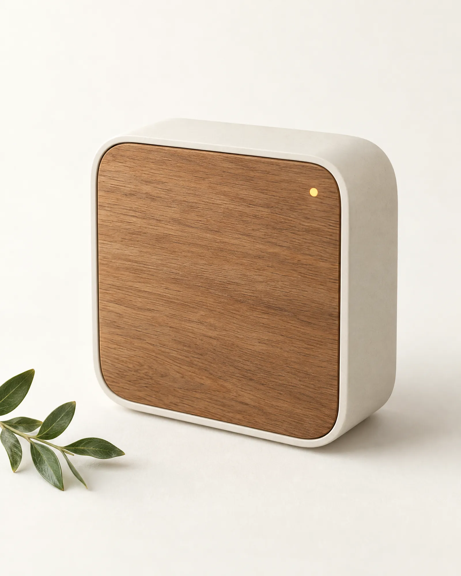 Heartwood, the home controller, with a teak face and a small marigold light.