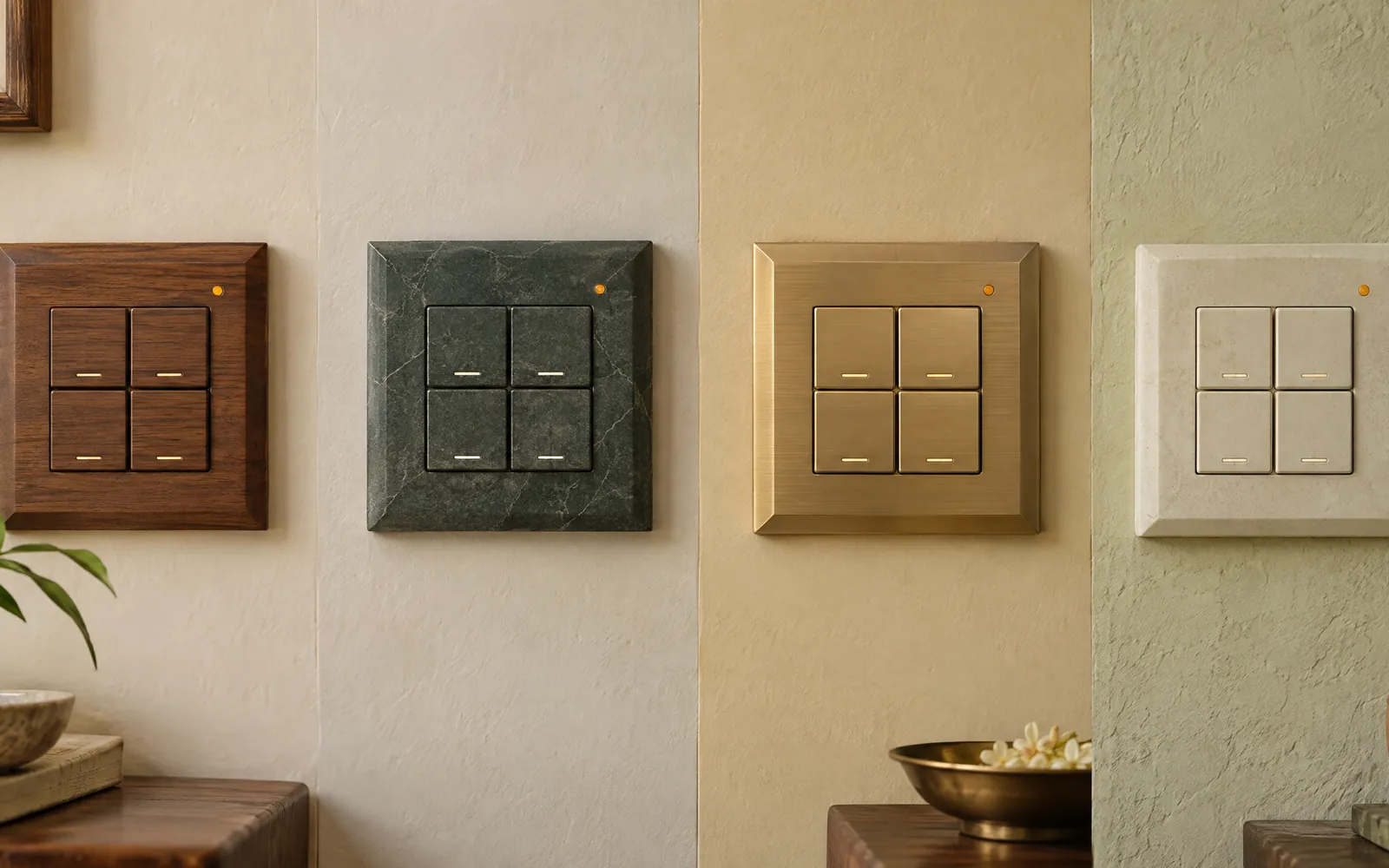 Wall panels in teak, Kota stone, brass and lime plaster.