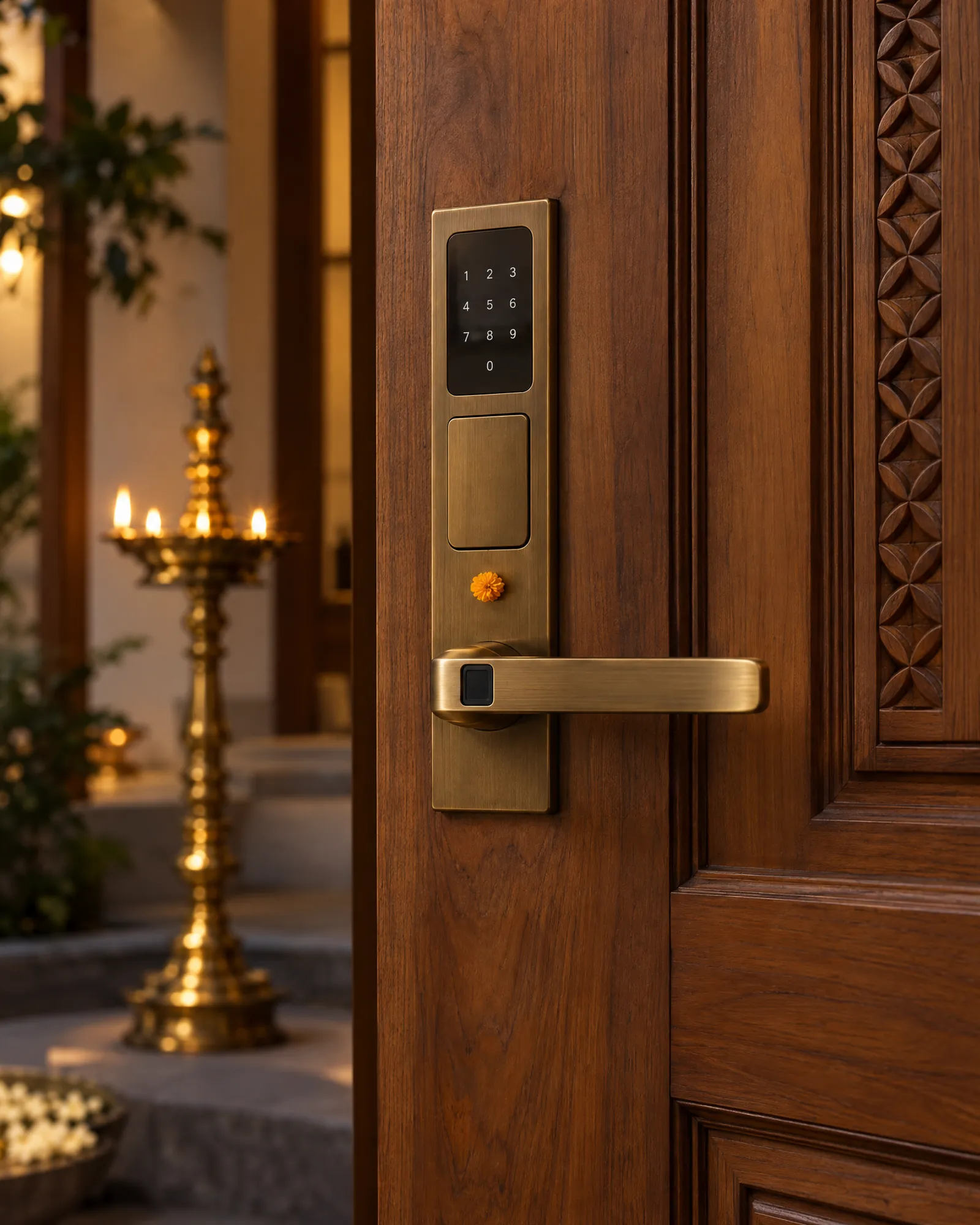 A teak front door with a brass handle and a touch keypad.