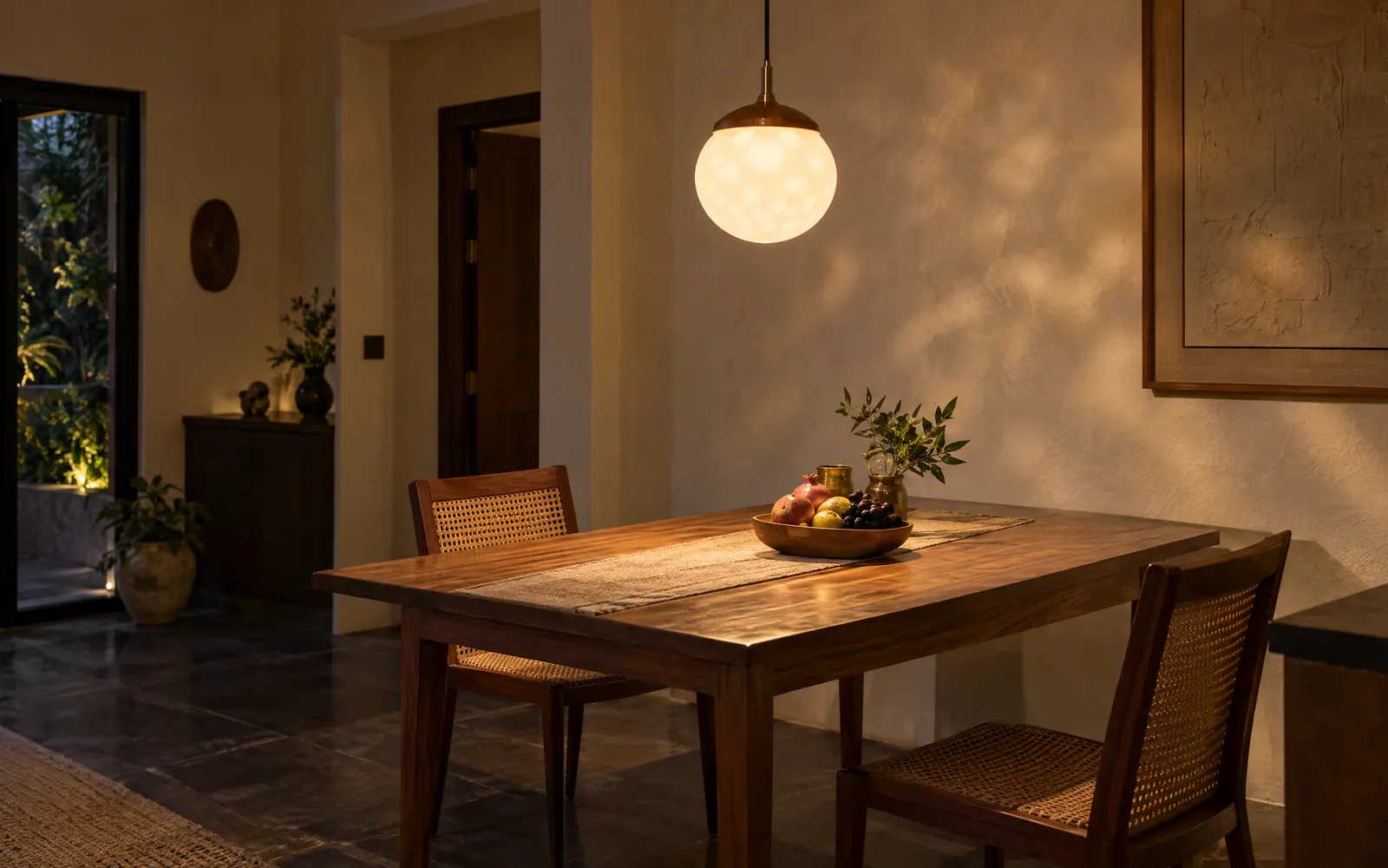 A dining table lit by a soft pendant light.