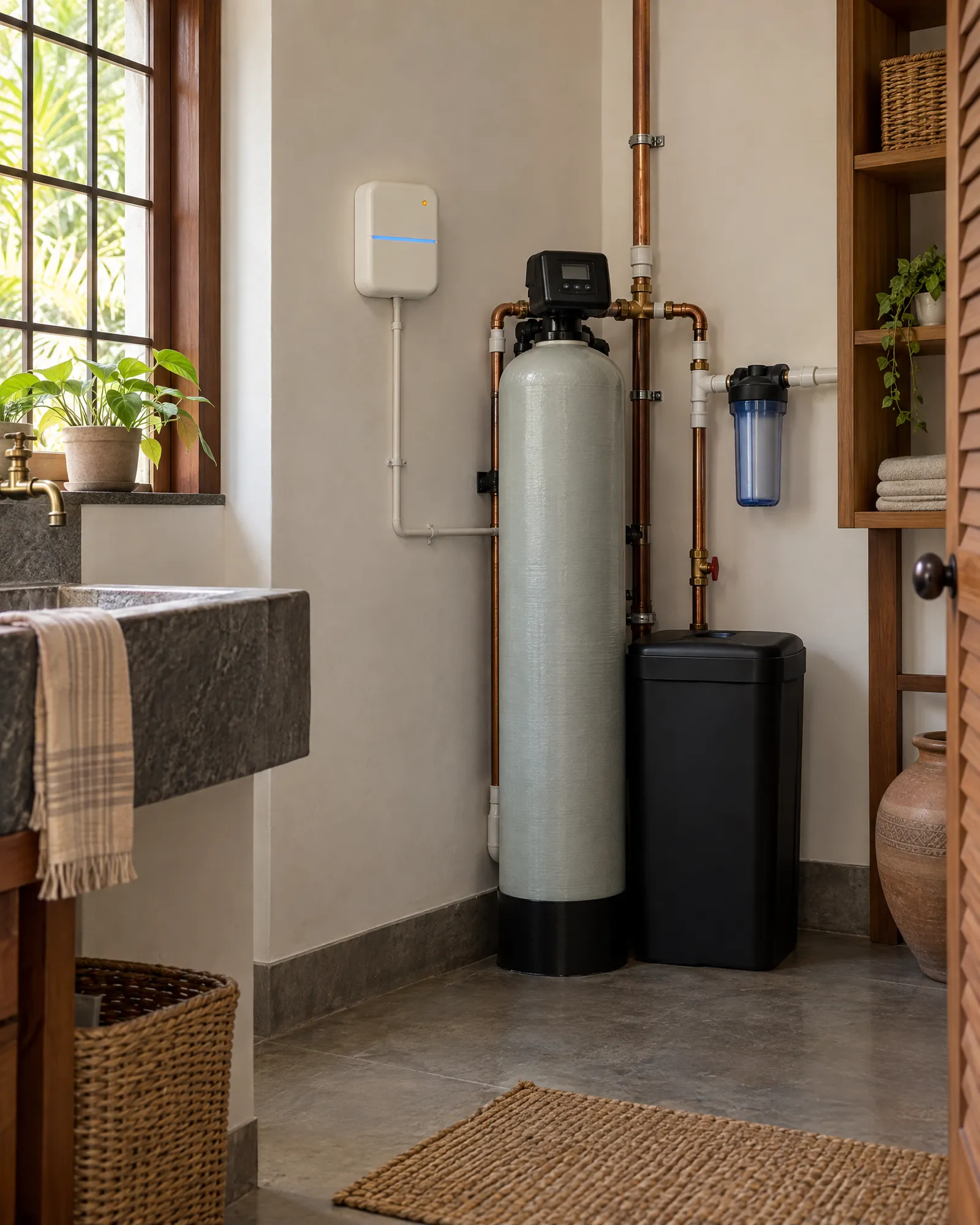 The Stepwell unit on a utility wall beside a water softener tank.