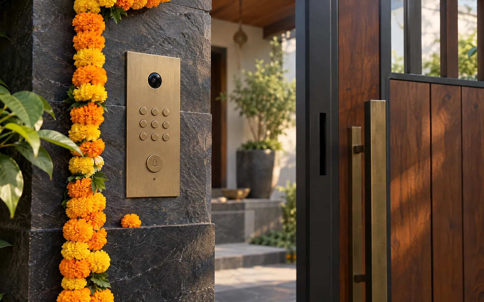 A marigold garland on a stone gate pillar beside the Toran keypad.