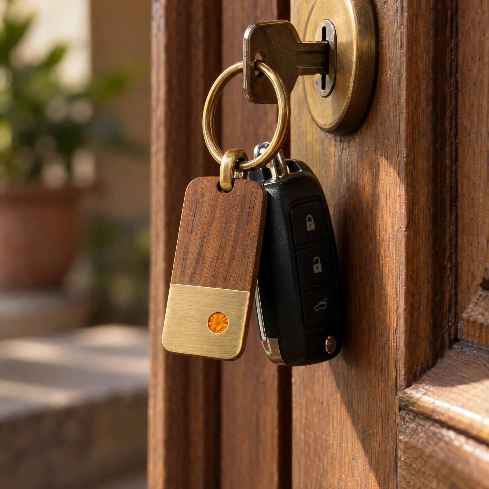 A wooden and brass key tag hanging with car keys from a door lock.