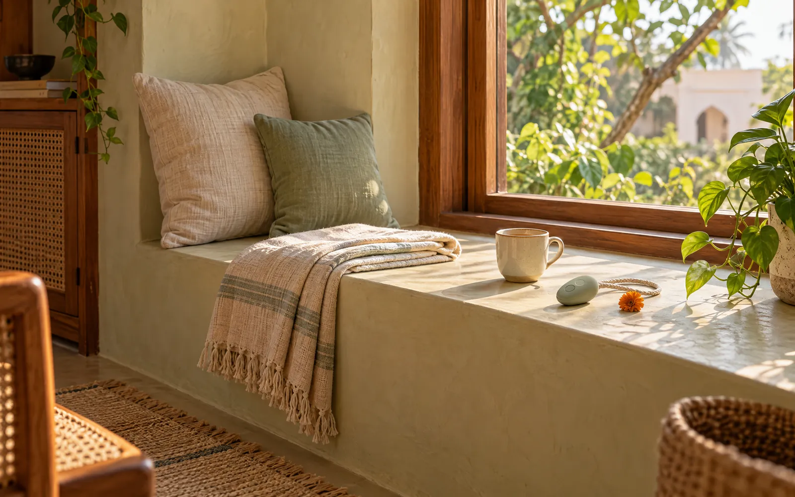 A window seat in the morning with a shawl, a cup of tea and a small help button on the sill.