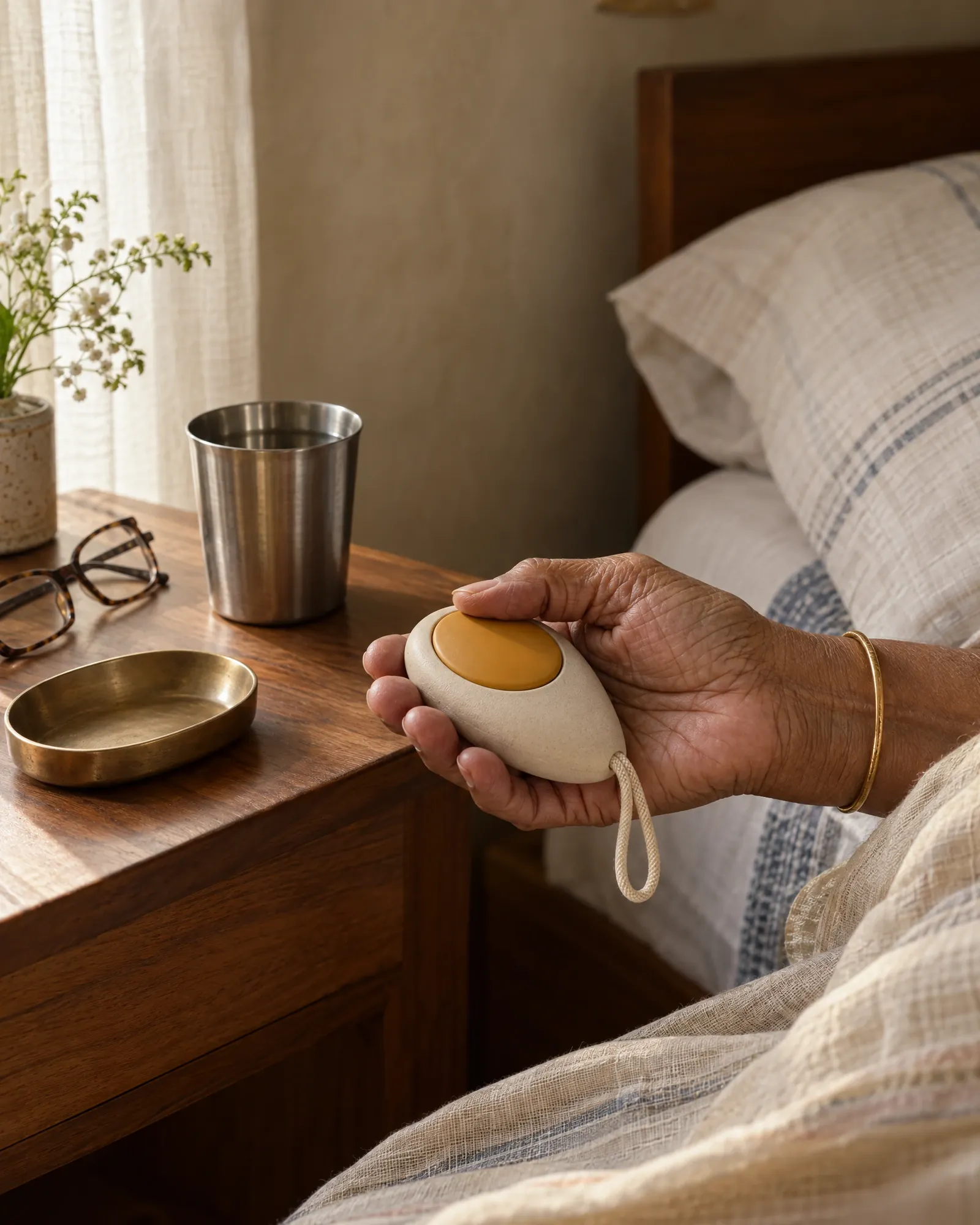An older hand holding Flare, a smooth stone shaped help button with a marigold face, by a bedside table with a brass cradle, a steel tumbler and reading glasses.