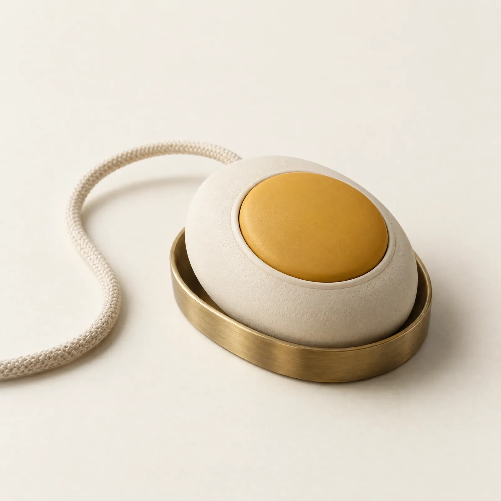 Flare resting in its brushed brass cradle, with its soft cotton cord.